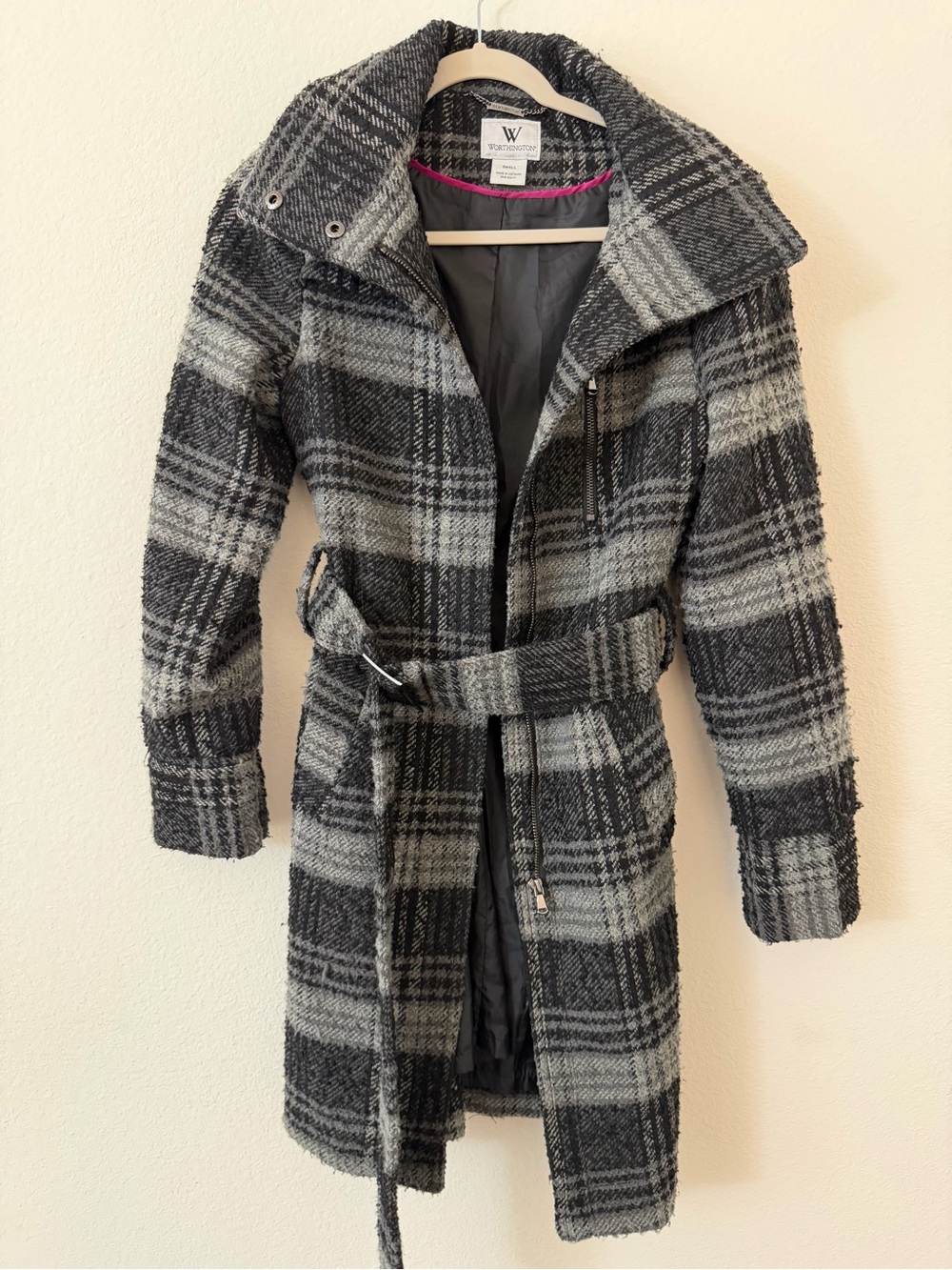 Worthington Black & Gray Plaid Belted Trench Coat